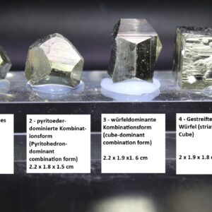 Beschriftete Pyrit-Kristallformenreihe mit vier Kristallen aus Ambasaguas