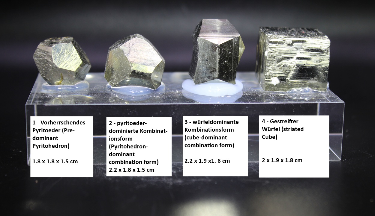 Beschriftete Pyrit-Kristallformenreihe mit vier Kristallen aus Ambasaguas