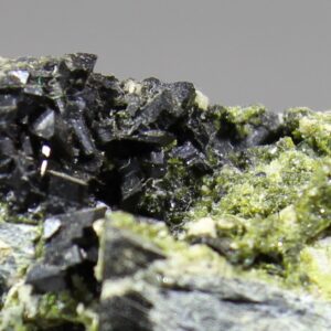 Babingtonit auf Hornblende von Arendal, Norwegen. Nahaufnahme der gedrungenen, schwarzen Kristalle