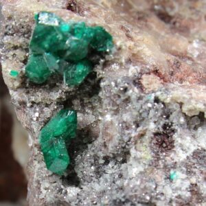 Dioptas-Kristalle auf rötlicher Quarzmatrix aus der Ntola Mine bei Mindouli, Pool Region, Republik Kongo.