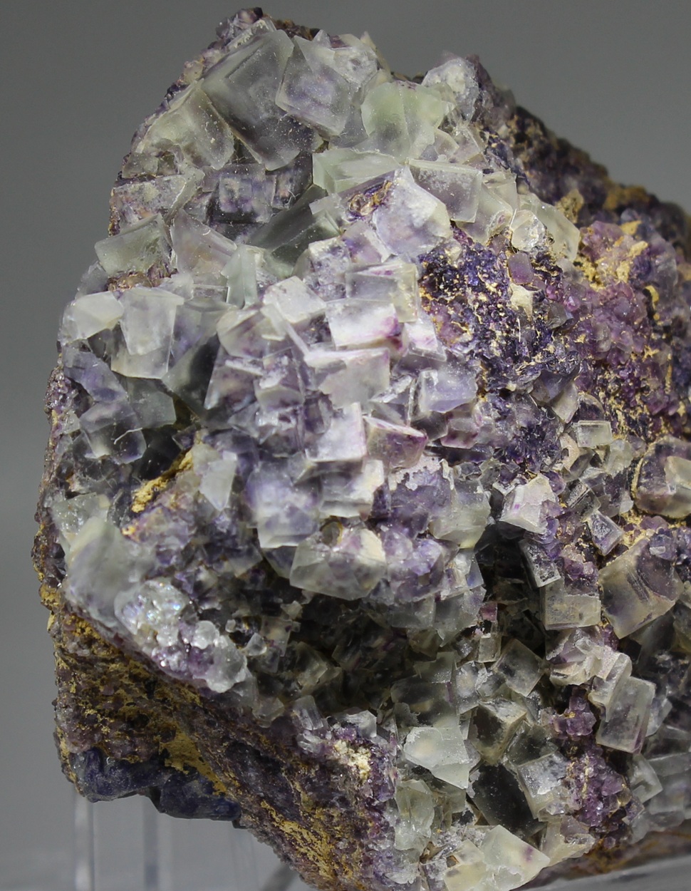 Close-up of pale green and purple fluorite cubes from Landsverk