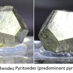 Vorherrschendes Pyritoeder aus Ambasaguas in Vorder- und Rückansicht
