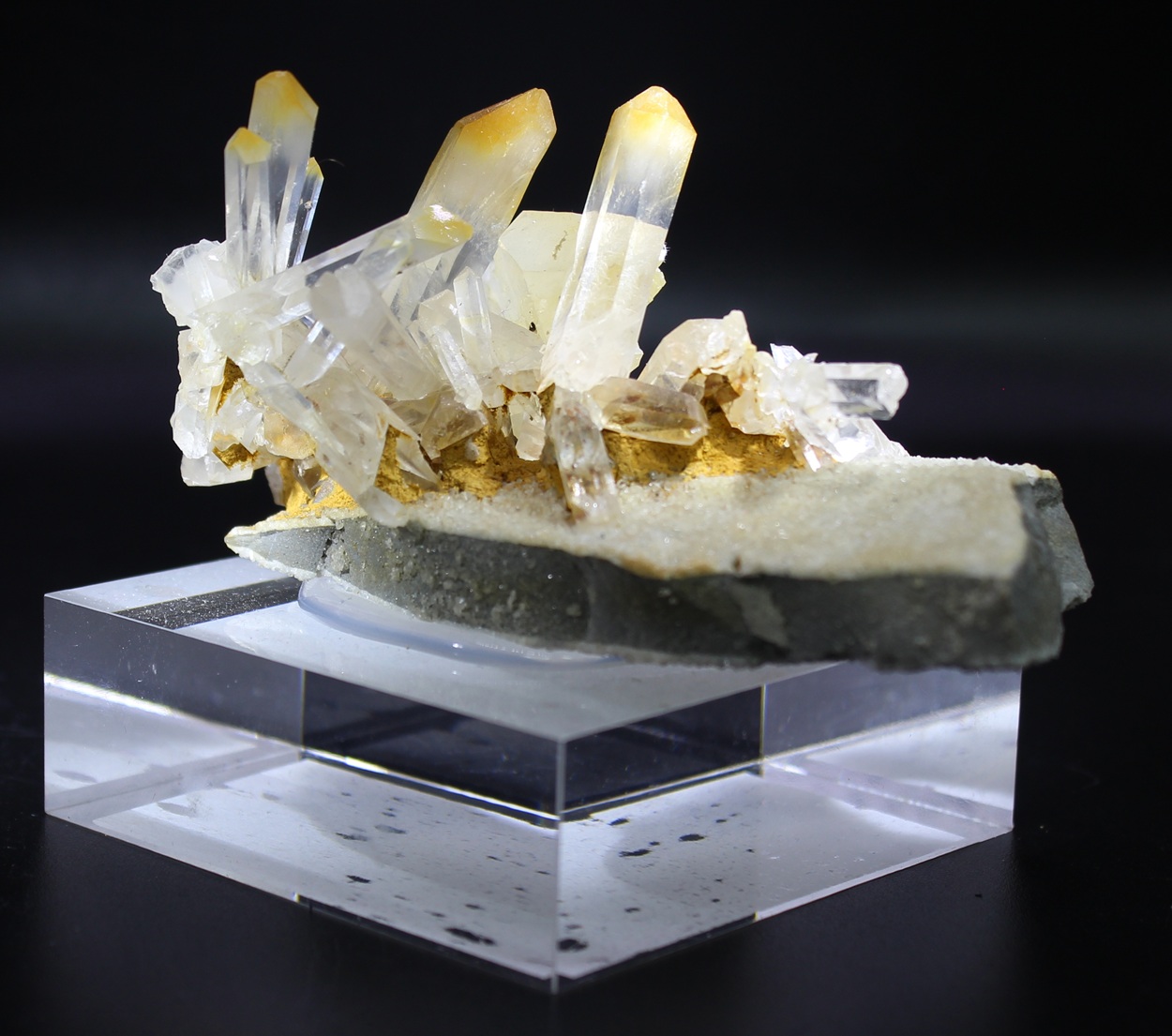 Mango Quartz from Cabiche Colombia with yellow-orange crystal tips on a Quartz group