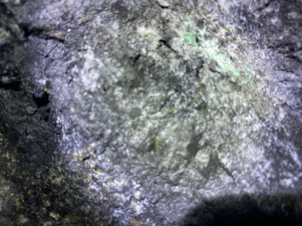 Grüne Smaragdmineralisation im dunklen Nebengestein in Tunnel 5 bei der Galería Los Topos in Chivor.