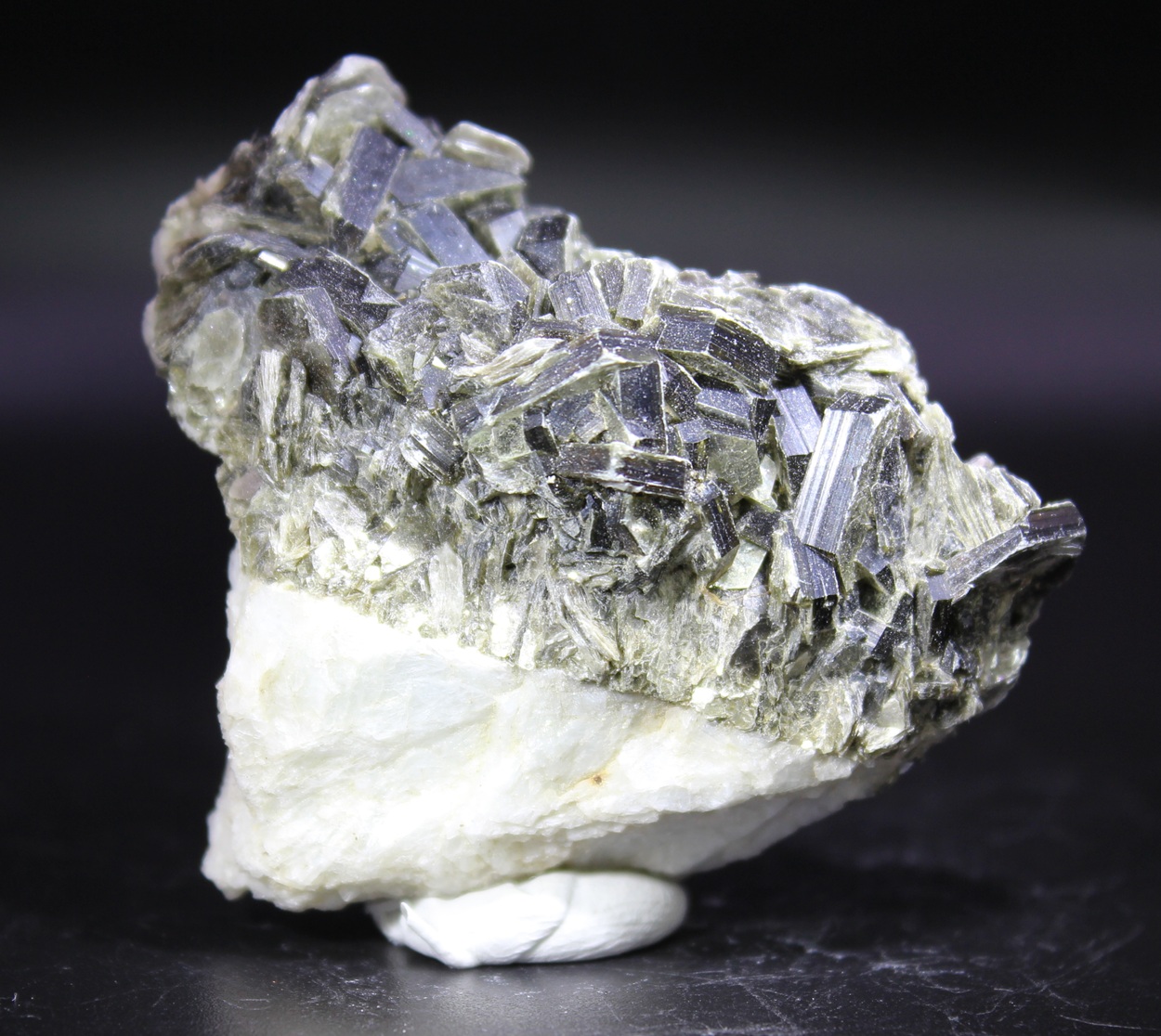 Muscovite from Halden Norway with numerous tabular gray to black crystals on light matrix