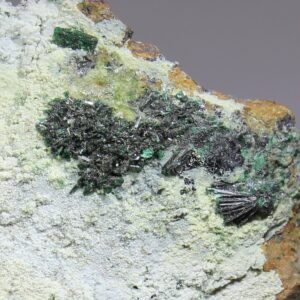 Dark green Atacamite aggregates from La Farola Chile on pale Chrysocolla matrix